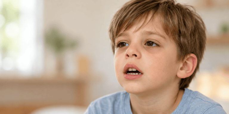 Niño respirador bucal con la boca abierta